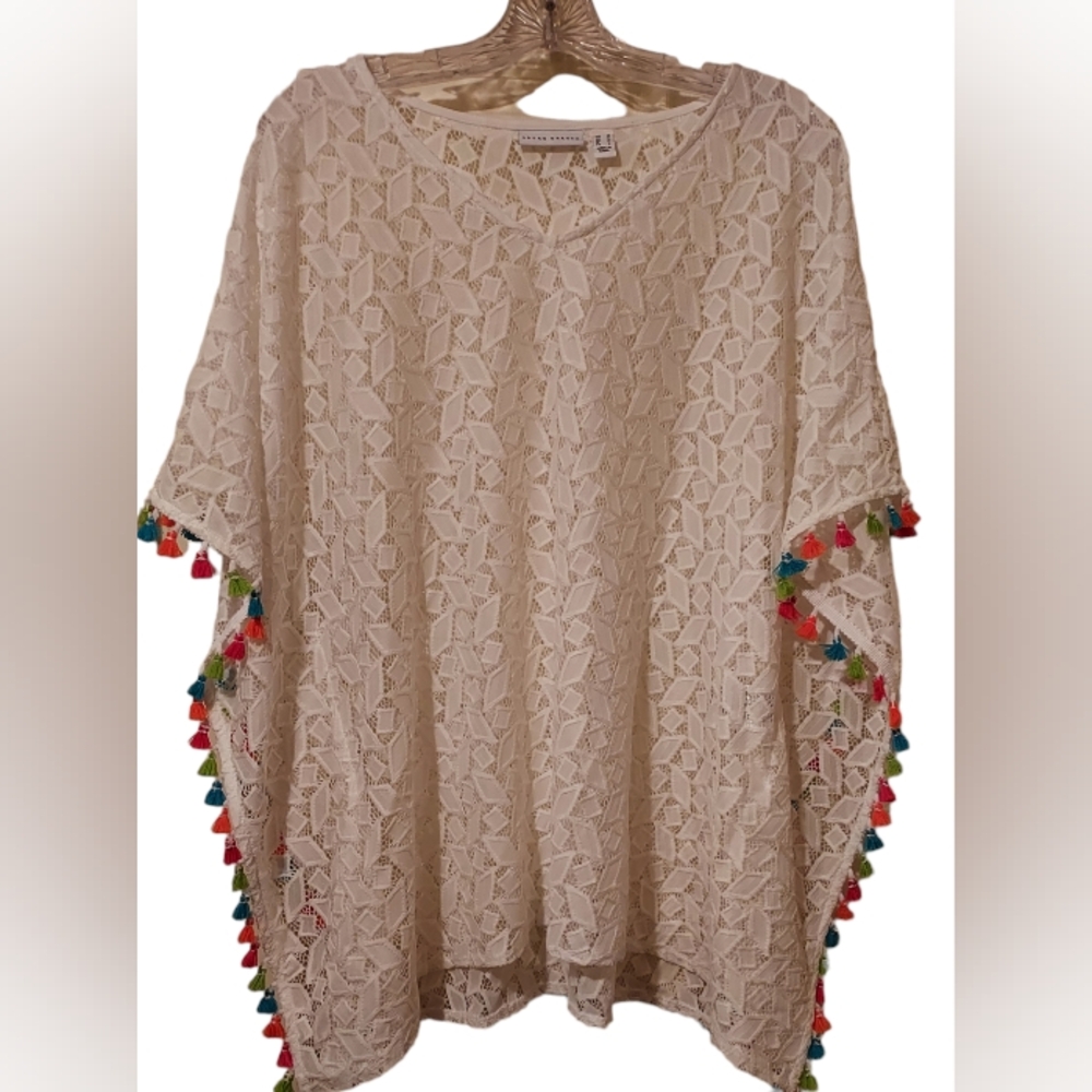 Susan Graver Stretch Lace Multicolor Tassel Swim Cover Up Med White Beach Resort
